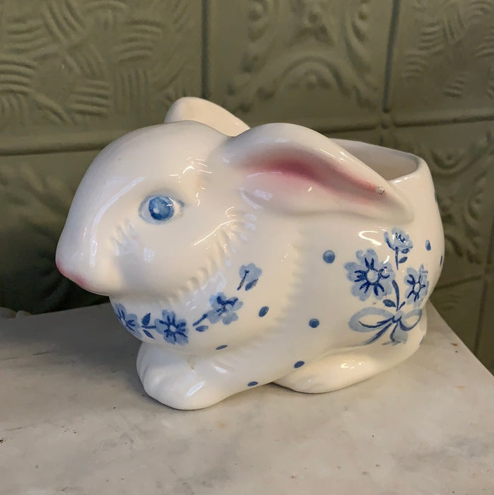 SMALL BLUE AND WHITE BUNNY RABBIT PLANTER - AS IS