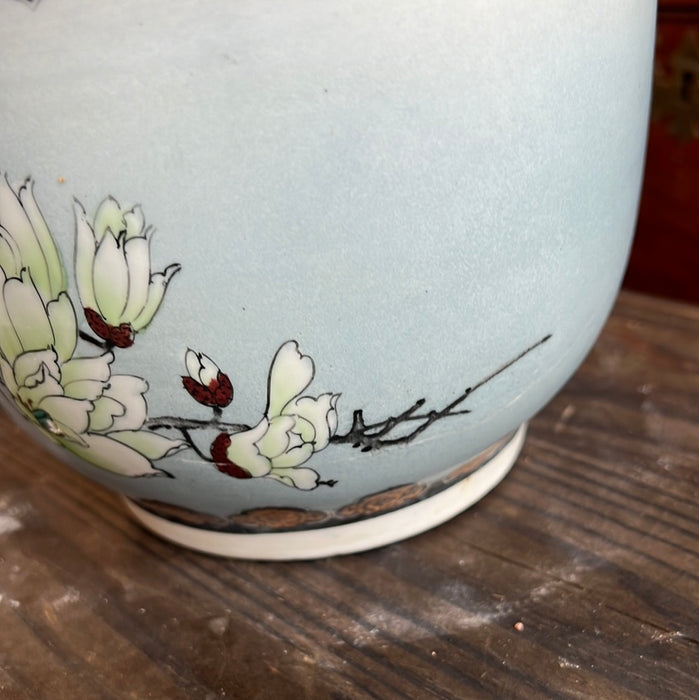 AS IS 8" ASIAN STYLE PLANTER POT WITH 2 BIRDS - LARGE CRACK