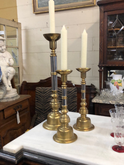 SET OF 3 LARGE BRASS AND SILVER CANDLE STANDS