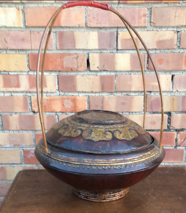 CHINESE WOOD BASKET WITH TALL HANDLES