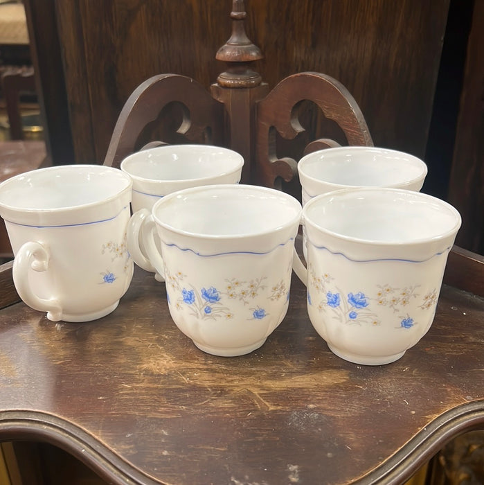 SET OF FIVE WHITE TEACUPS WITH BLUE FLOWERS