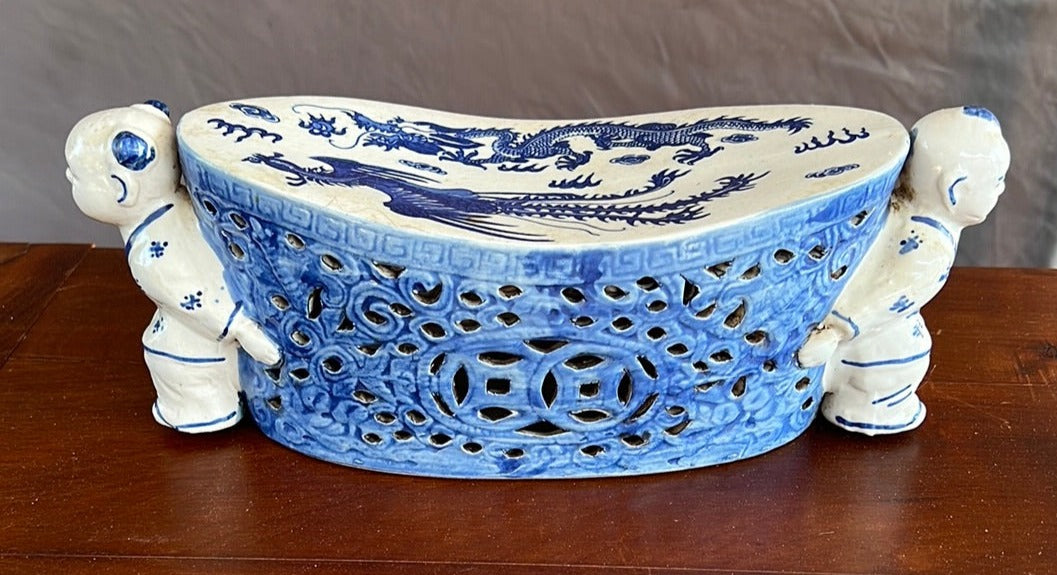 CHINESE BLUE AND WHITE NECK REST WITH EMBOSSED CHOP