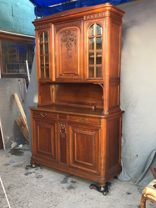 AS FOUND LOUIS XVI WALNUT BUFFET WITH BEVELED GLASS WITH FLORAL BOUQUET