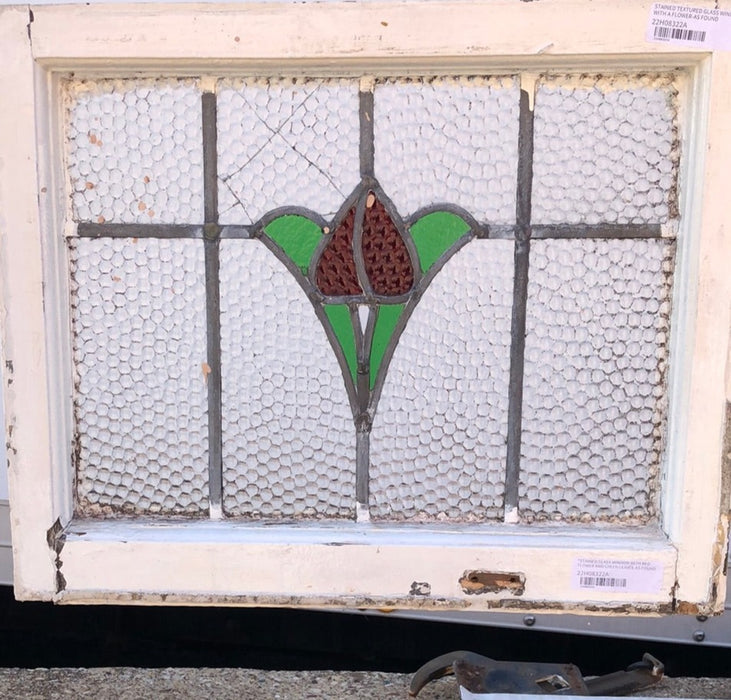 STAINED GLASS WINDOW WITH RED FLOWER AND GREEN LEAVES - AS FOUND