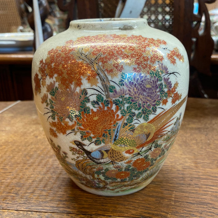 SMALL CRACKLED GLAZE GINGER JAR WITH COCKATOO AND PEACOCK