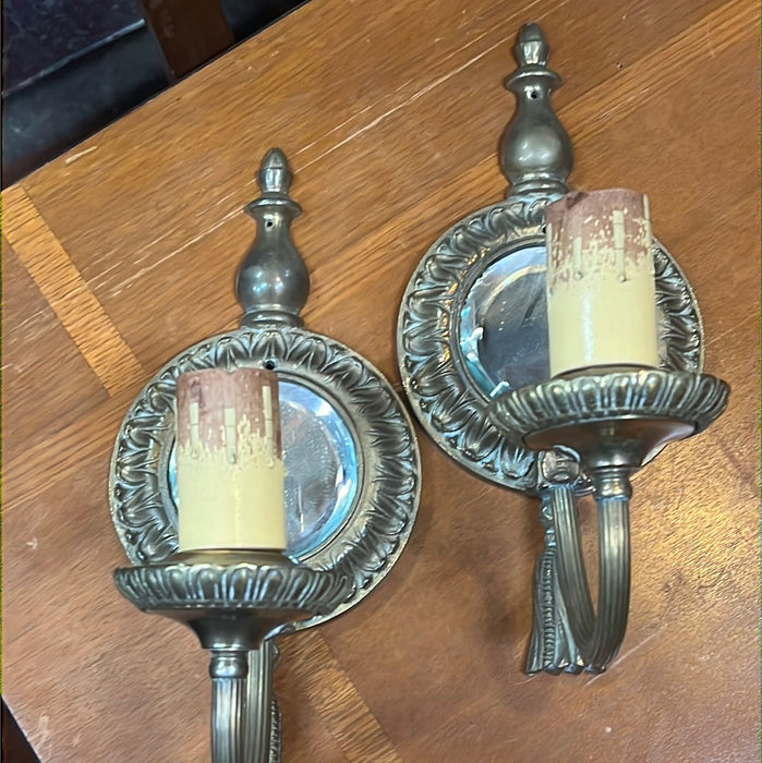 PAIR OF BRONZE TASSEL WALL SCONCES WITH ROUND BEVELED GLASS MIRRORS