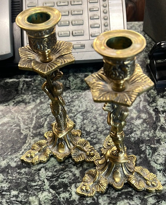 PAIR OF SMALL FANCY BRASS CANDLE STANDS