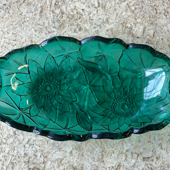 FOREST GREEN FLORAL GLASS OVAL DISH WITH HANDLES