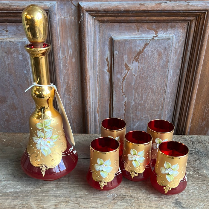 RED AND GOLD BOHEMIAN ART GLASS DECANTER SET