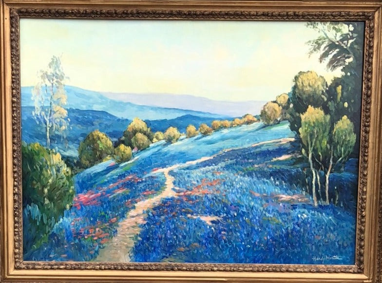 LARGE BLUEBONNETS ON A HILL OIL PAINTING ON BOARD BY HARDY MARTIN