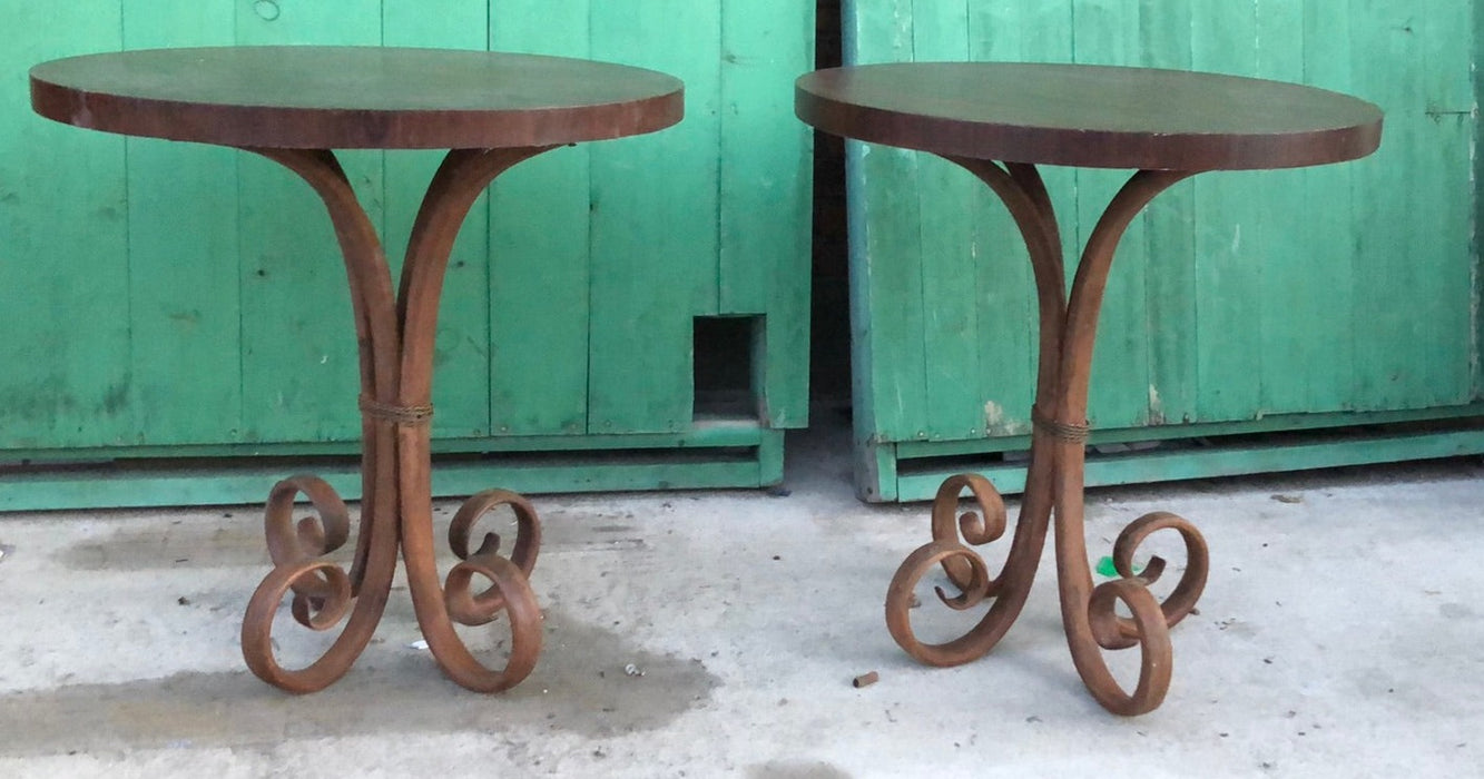 PAIR OF SCROLLED BENTWOOD BASE PEDASTAL TABLES