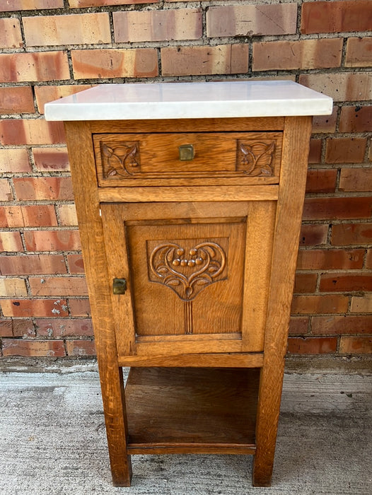 WHITE MARBLE TOP OAK NIGHT STAND