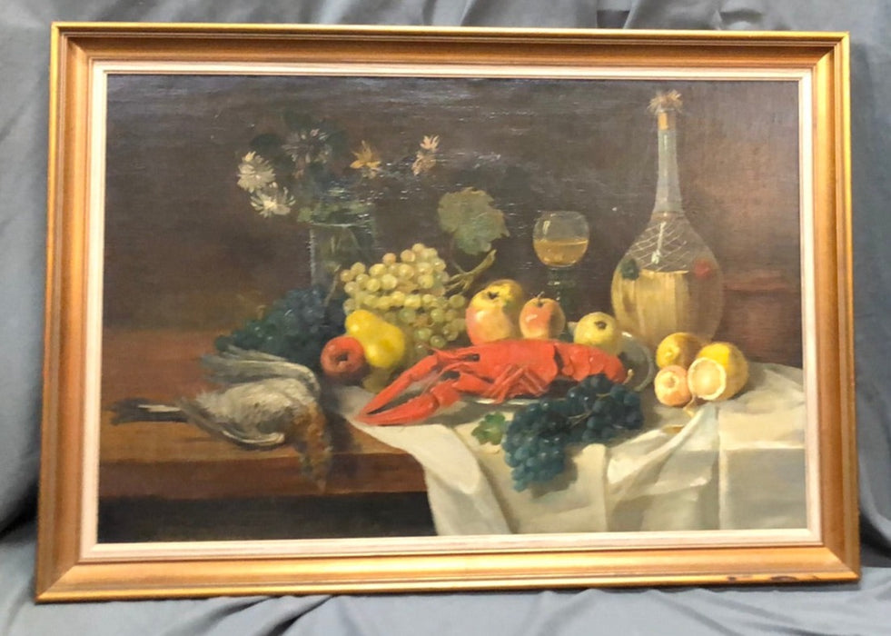 STILL LIFE OIL PAINTING ON CANVAS WITH LOBSTER, FOWL AND FRUIT