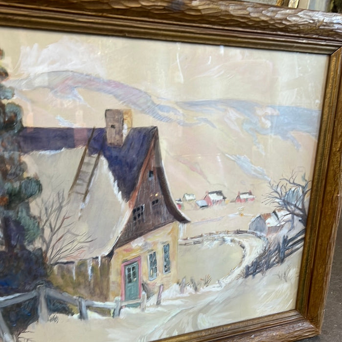 GUACHE WATERCOLOR WINTER SCENE IN GOLD FRAME