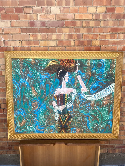 FRAMED RUSSIAN PAINTING OF LADY WITH BASKET