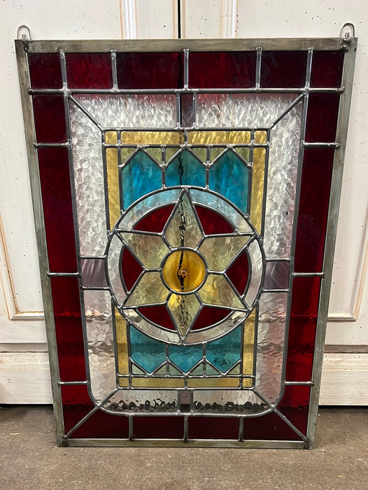 SMALL GEOMETRIC STAINED GLASS WITH ZINC BORDER AND STAR WITH RONDELL