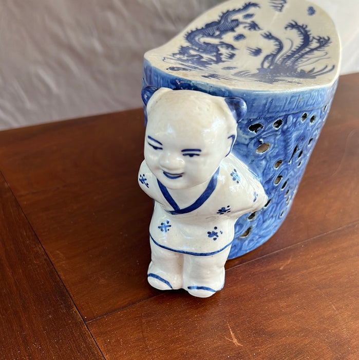 CHINESE BLUE AND WHITE NECK REST WITH EMBOSSED CHOP