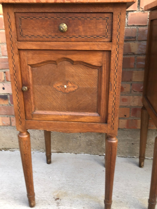 PAIR OF FRENCH INLAID OAK MARBLE TOP STANDS AS FOUND