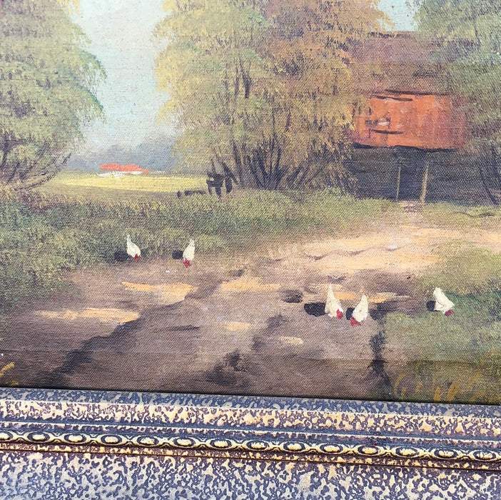 BUCOLIC OIL PAINTING WITH COTTAGE AND DUCKS