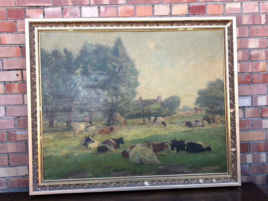 LARGE GOLD FRAMED IMPRESSSIONIST COWS PAINTING