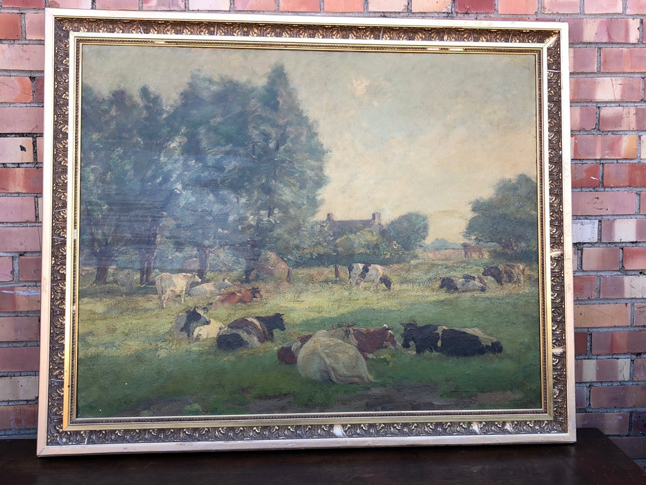 LARGE GOLD FRAMED IMPRESSSIONIST COWS PAINTING