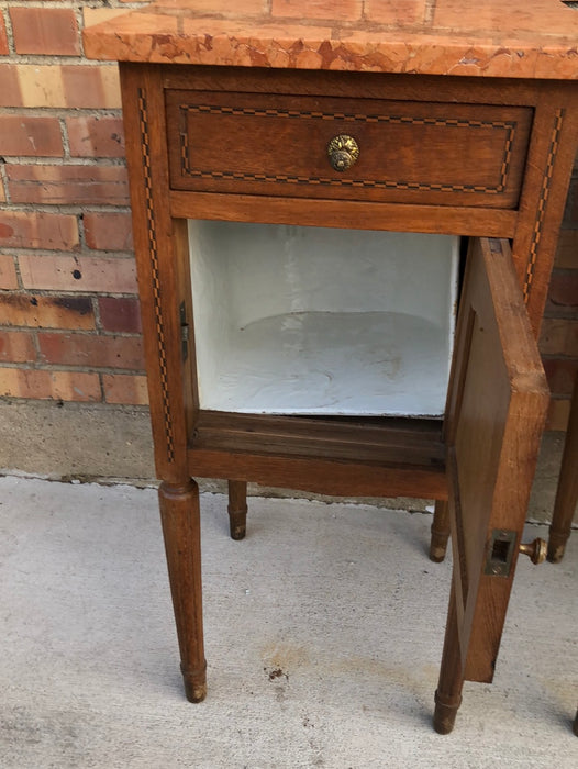 PAIR OF FRENCH INLAID OAK MARBLE TOP STANDS AS FOUND