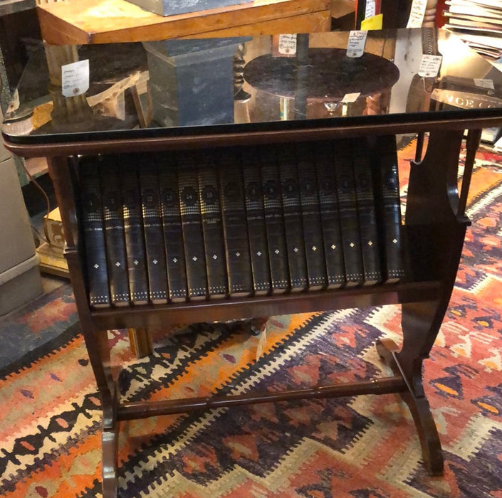 BLACK GLASS TOP BOOK TABLE