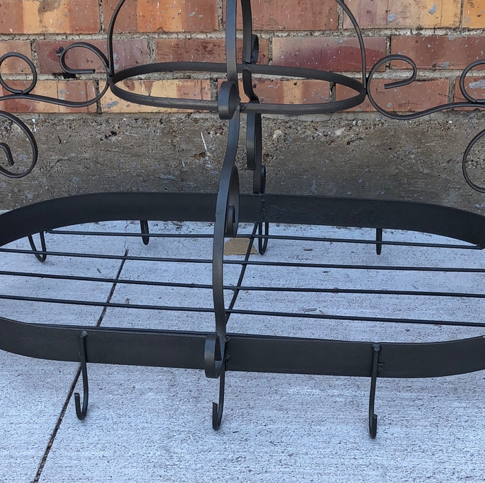 LARGE OVAL WROUGHT IRON GRAY POT RACK