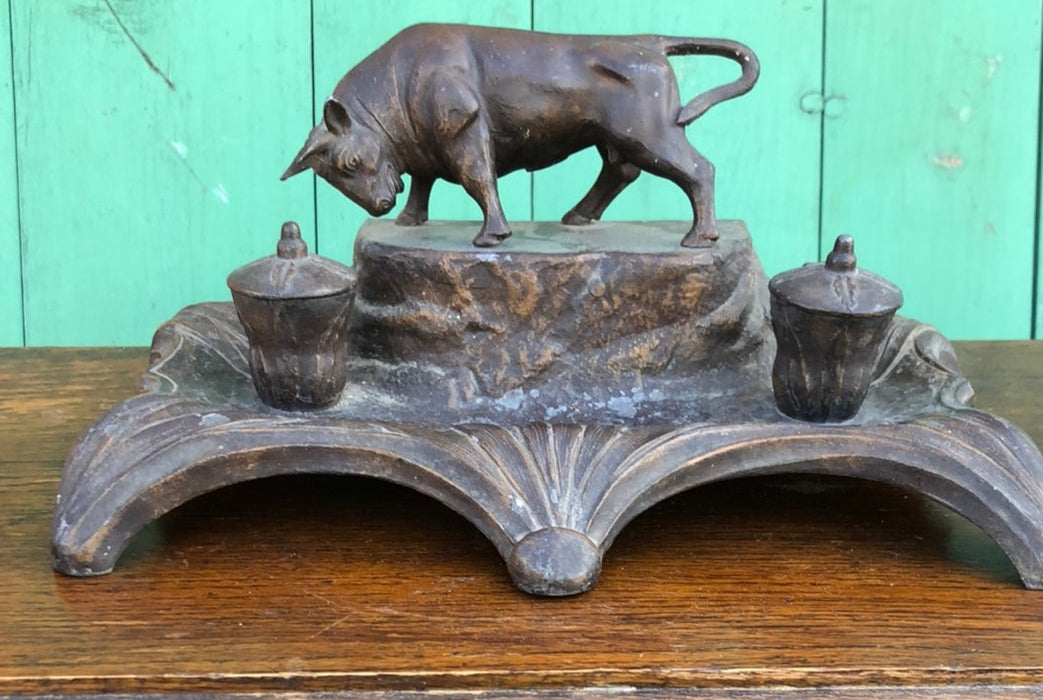 SPELTER COW INKWELL