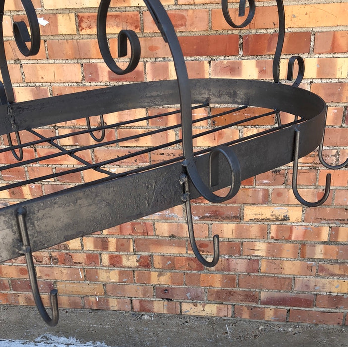 LARGE OVAL WROUGHT IRON GRAY POT RACK