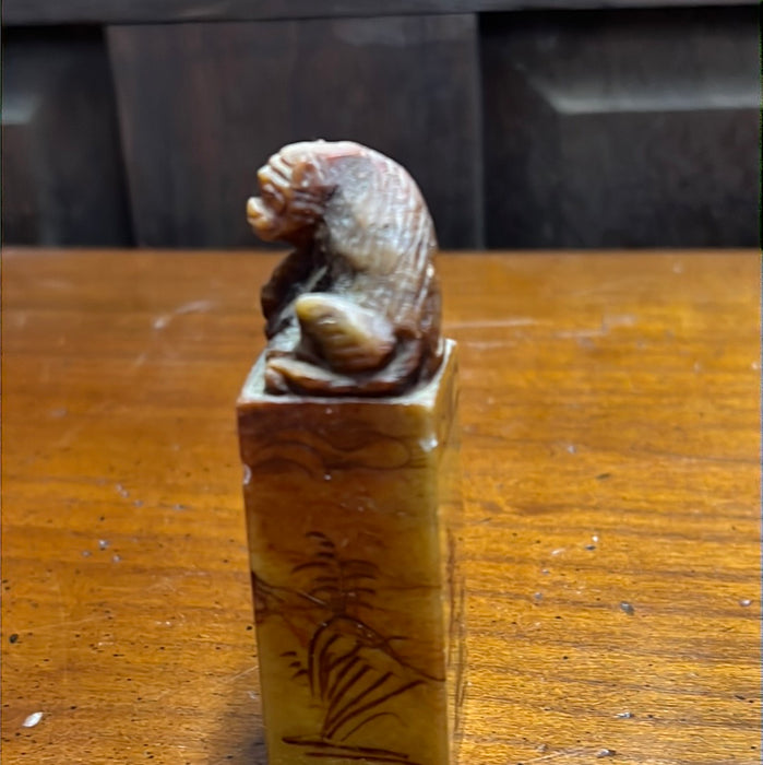 ASIAN MARBLE STAMP WITH MONKEY CARVING