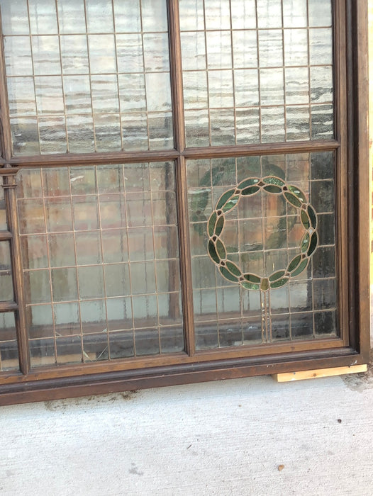 EACH OAK HUGE MULLIONED & LEADED STAINED GLASS WINDOW WITH WREATH