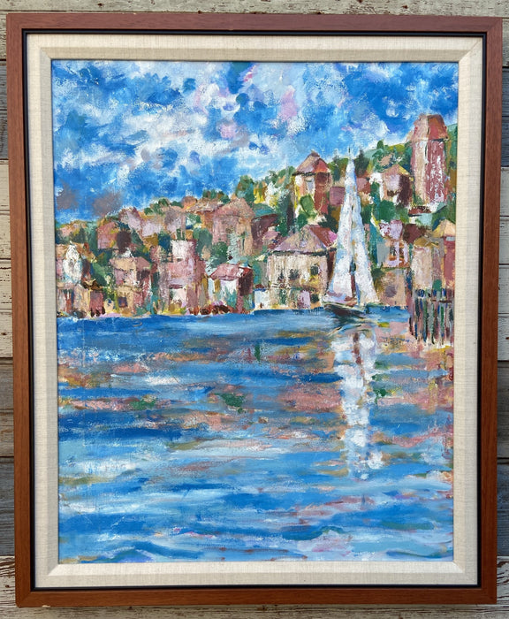 IMPRESSIONIST PAINTING OF HARBOR SCENE WITH SAILBOAT