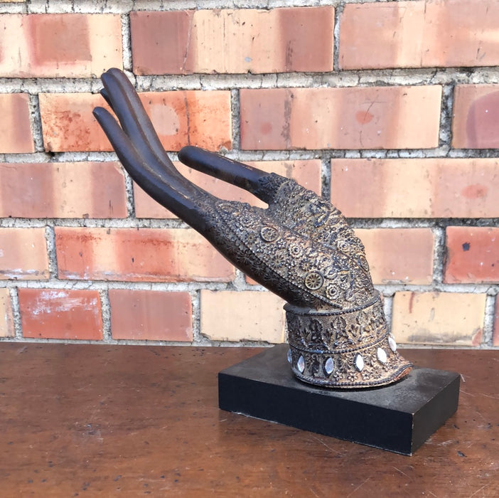 INDIAN WOOD WITH BRASS OVERLAY  HAND