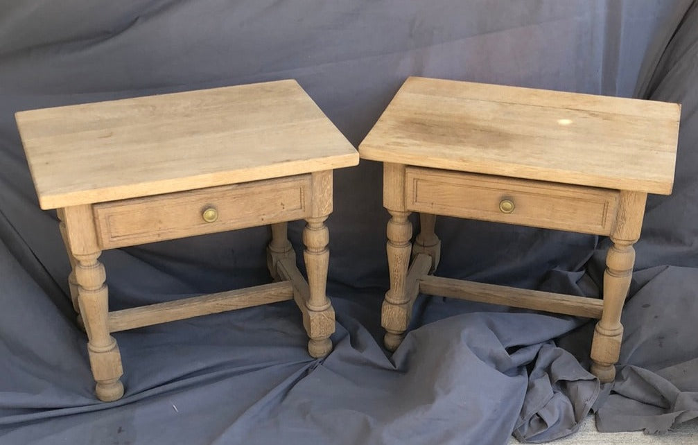 PAIR OF RAW RUSTIC OAK SIDE TABLES WITH DRAWERS