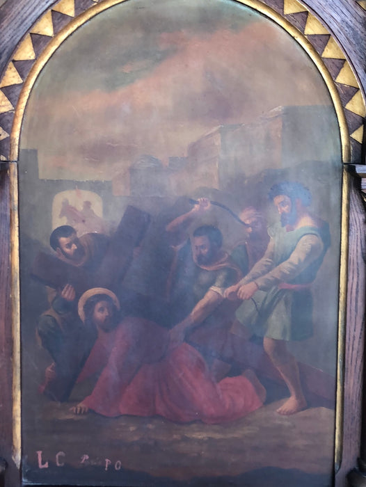 7TH STATION OF THE CROSS-OIL ON METAL IN WOOD FRAME