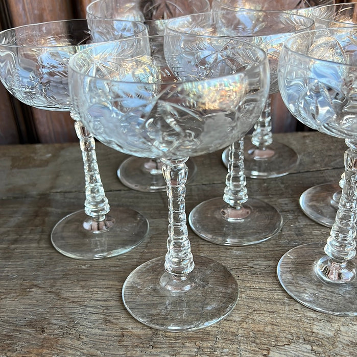 SET OF 7 CRYSTAL ETCHED CHAMPAGNE GLASSES