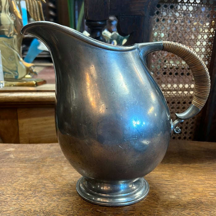 PEWTER PITCHER WITH RATTAN HANDLE