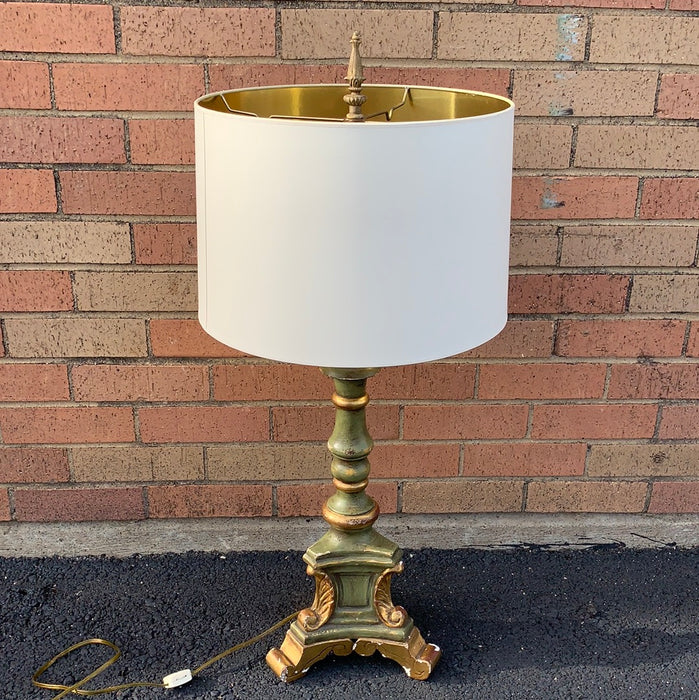 ANTIQUE WOOD GREEN AND GILT LAMP