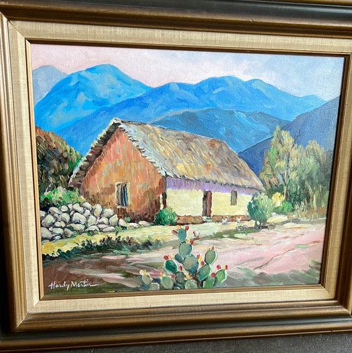 HARDY MARTIN MOUNTAIN MEXICAN VILLAGE WITH HUT OIL PAINTING ON BOARD