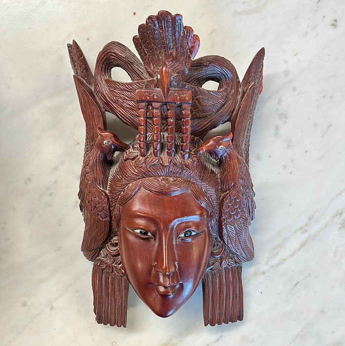 AS FOUND LARGE ASIAN CARVED WOOD LADY'S FACE WITH BIRDS