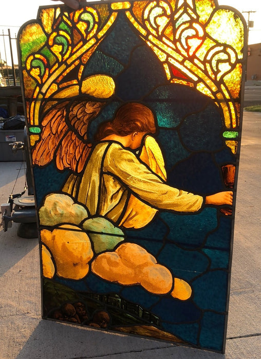 FRAMED ANGEL PAINTED STAINED GLASS WINDOW