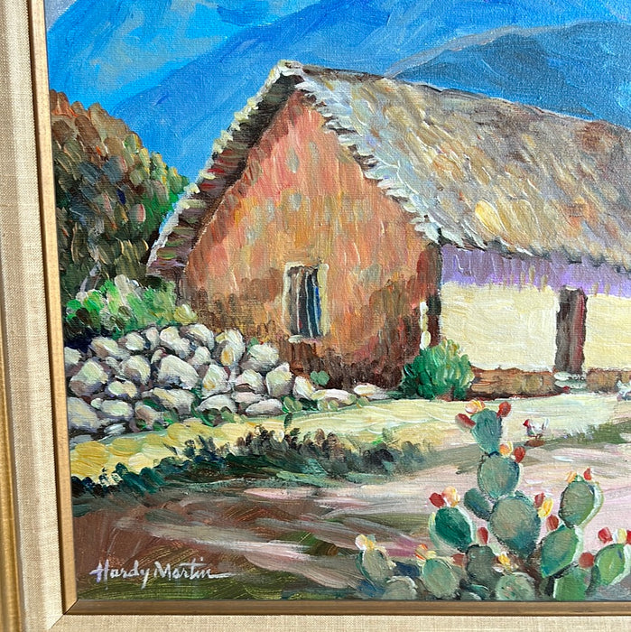 HARDY MARTIN MOUNTAIN MEXICAN VILLAGE WITH HUT OIL PAINTING ON BOARD