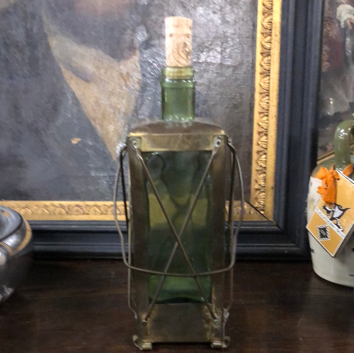 BRASS AND GREEN GLASS LANTERN LIQUOR DECANTER WITH MUSIC BOX