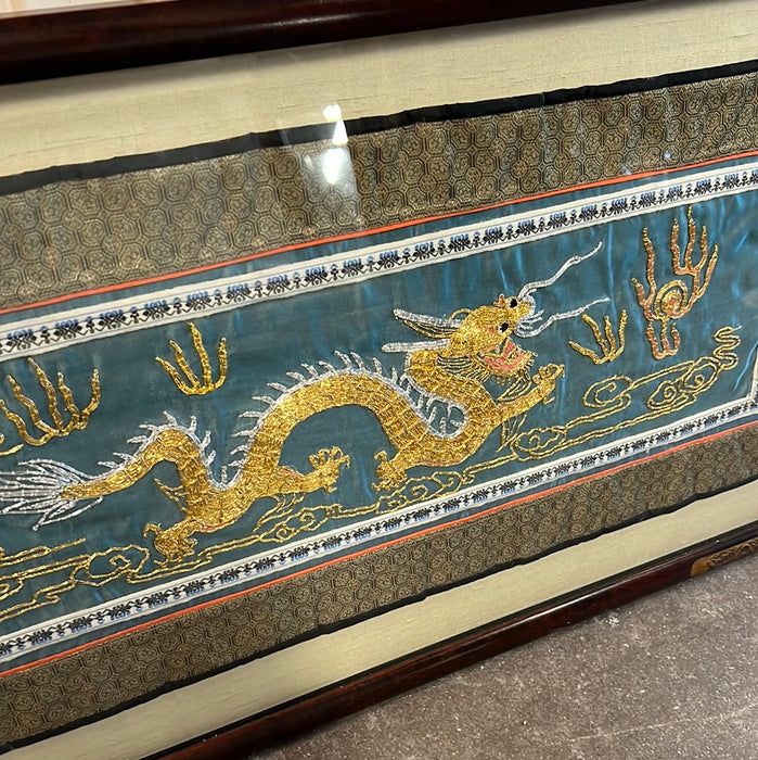 GOLD AND SILVER THREAD CHINESE DRAGON FRAMED TEXTILE