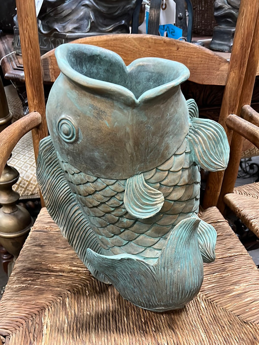 VERDIGRIS AND GOLD BIG MOUTH FISH RESIN PLANTER