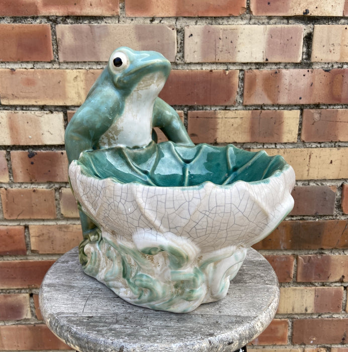 CERAMIC TURQUOISE FROG WITH LILYPAD COMPOTE