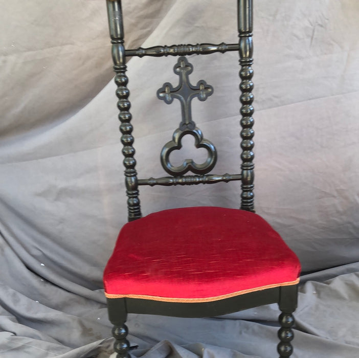 EBONIZED BOBBIN LEG PRIE DIEU WITH RED UPHOLSTERY