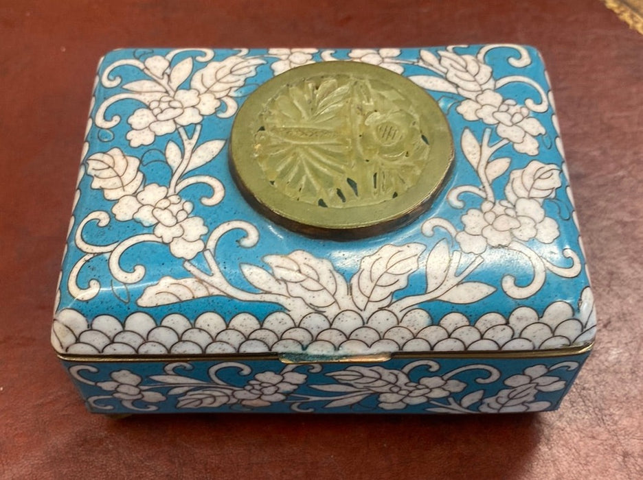 CLOISONNE BLUE AND WHITE BOX WITH CARVED CENTER STONE