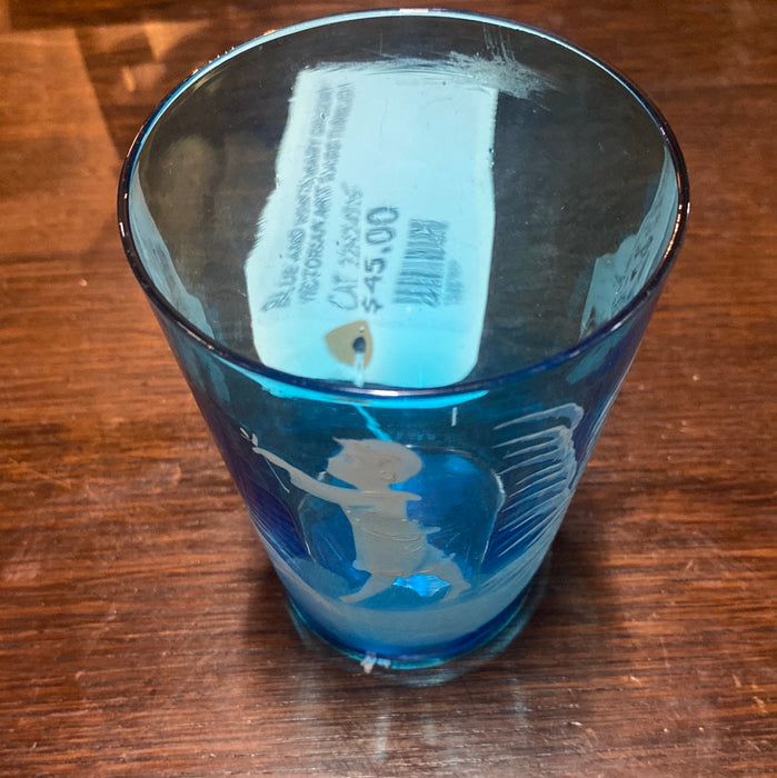 BLUE AND WHITE MARY GREGORY VICTORIAN ART GLASS TUMBLER